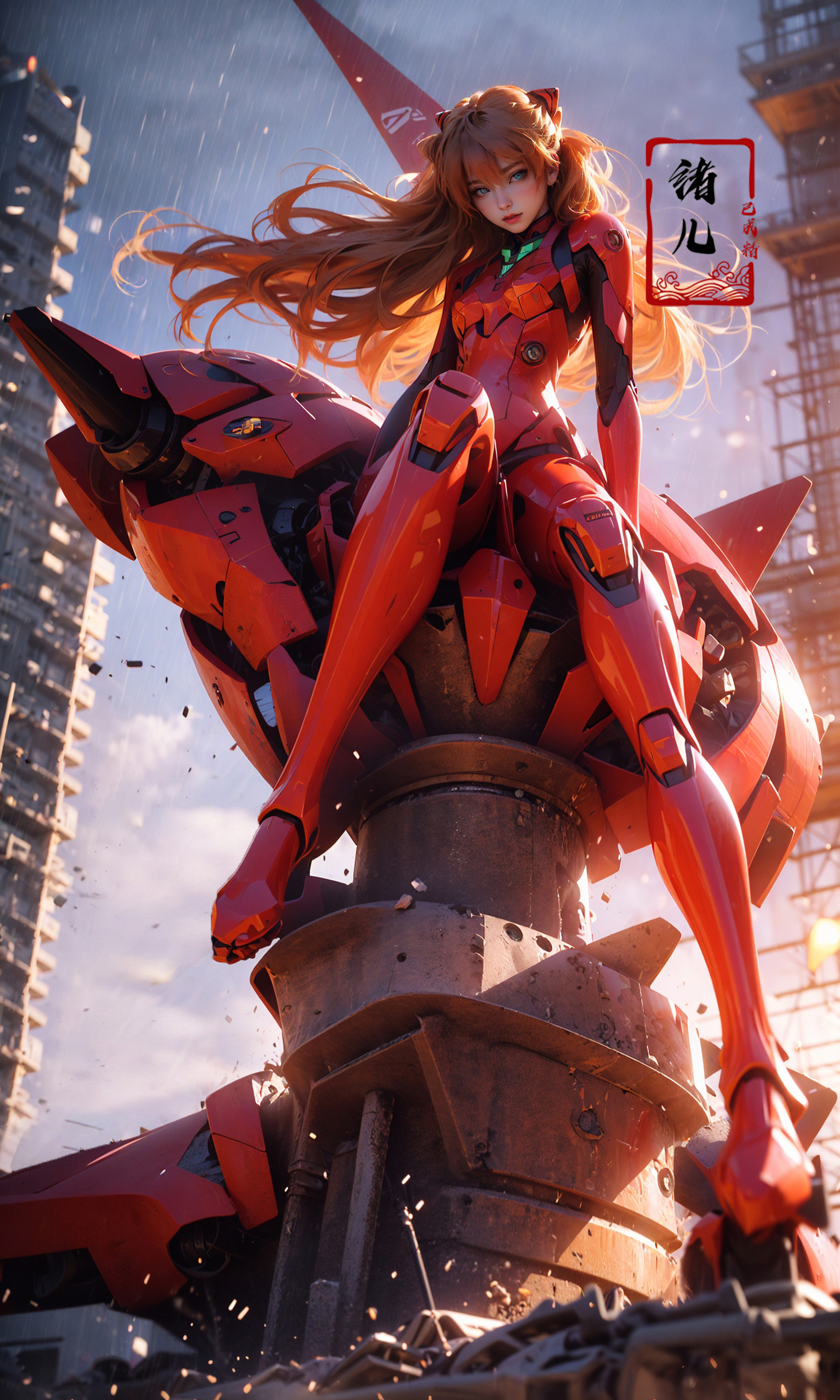 Epic CG masterpiece, Asuka Langley Soryu,hdr,dtm, full ha, Sitting on mecha device, 8K, ultra detailed graphic tension, dy...